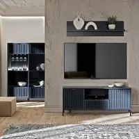 Lomadox Wohnwand Indigo blau LAURO-161 modern mit Rillenoptik 3-teilig