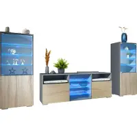 Vladon Wohnwand Granada, Anbauwand bestehend aus 2 Vitrinen und 1 TV-Board, Anthrazit matt/Eiche sägerau inkl. LED-Beleuchtung (286 x 122,5 x 35 cm)