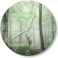 DEQORI Glasuhr Ø30 cm Zahlen 'Hirsch zwischen Bäumen' Wanduhr Glas Uhr Design leise