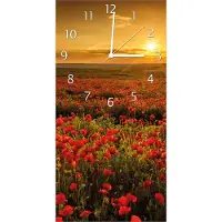 Wallario Design Wanduhr Mohnblumenwiese bei Sonnenuntergang am Abend aus Echtglas, Größe 30 x 60 cm