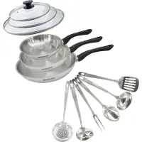 Fackelmann Set mit 3 Edelstahl-Bratpfannen 20, 24 und 28 cm, Glasdeckeln und 6 Edelstahl-Utensilien Genf