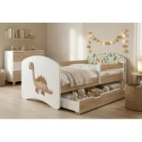 Happy Babies Kinderbett mit Rausfallschutz Junge 140x70 Bett für Kinderzimmer mit Schublade Matratze Einzelbett für Kinder, Gold, Bunte Aufkleber
