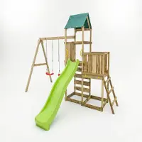 Fungoo MaxPlay, Holzklettergerüst mit zwei Spieltürmen, Doppelschaukel und Rutsche, mit Foliendach