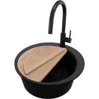 PrimaGran Granitspüle Alles Schwarz 53x53cm, Spülbecken Rund 1 Becken + Ablauf-Set + Küchenzubehörset, Küchenspüle ab 50er Unterschrank - Pisa Max