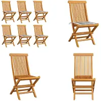 vidaXL Gartenstühle mit Kissen 6 Stk. Grau Karomuster Massivholz Teak - Gartenstuhl - Gartenstühle - Holz-Gartenstuhl - Holz-Gartenstühle