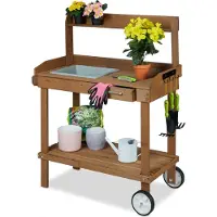 Relaxdays Pflanztisch mit Rollen, Wanne & Schublade, Holz, Kunststoff, HBT: 120 x 97 x 49 cm, Garten Arbeitstisch, braun