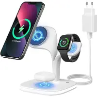 Slyrun Magnetisches 3-in-1 Wireless Ladegerät mit Nachttischlampe, 15W Schnellladegerät für iPhone, AirPods und Apple Watch