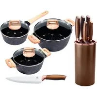 King Topf-Set "»ESSENTIAL« Aluminiumguss, Induktion, Antihaftbeschichtung", schwarz, 7,5 l, Töpfe, Topf-Set, inkl. 5 Küchenmesser, 1 Messerblock