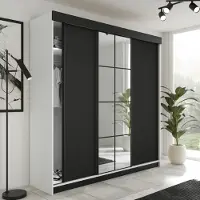 FURMEB24 3-türiger Schiebetürenschrank LAMER 250x205 cm Kleiderschrank mit Spiegel (weiß + schwarz)