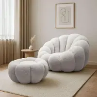 Yourhouse24 Drehsessel ORIA, Boucle-Stoff, Sessel mit Fußstütze Relaxsessel mit Hocker, Farbe: Weiß