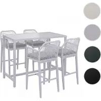 Mendler Set Bartisch + 4x Barhocker HWC-P91, Barstuhl Stehtisch, Outdoor Sitzpolster Seilgeflecht Metall hellgrau