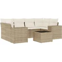 vidaXL 7-tlg. Garten-Sofagarnitur mit Kissen Beige Poly Rattan