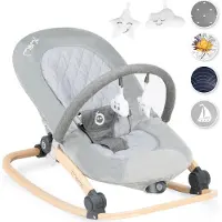 Momi LUMIWOOD Babywippe - Sensormodul mit Musik und Vibration, Sicherheitsgurt, Spielzeug-Stirnband, Grau
