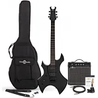 Gear4Music Harlem X Linkshänder E-Gitarre + 15-Watt-Verstärker mit Zubehör Schwarz