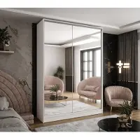 Caspian24 Moderner 2-türiger Kleiderschrank mit Schiebetüren in Weiß mit 2 Spiegeln 130x58x250 cm – mit 2 Schubladen – für Schlafzimmer und Flur
