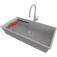 PrimaGran Unterbauspüle Granit Grau 86x47cm, Spülbecken 1 Becken + Ablauf-Set + Küchenzubehörset, Granitspüle ab 90er Unterschrank - Praga