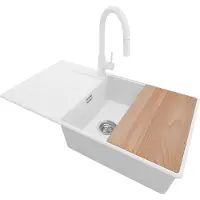 PrimaGran Granitspüle Weiß 90x50cm, Spülbecken 1 Becken + Küchenarmatur 40x20cm + Ablauf-Set + Schneidebrett, Küchenspüle ab 60er Unterschrank - Kopenhagen
