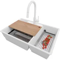 PrimaGran Granitspüle Weiß 78x53cm, Spülbecken 2 Becken + Küchenarmatur 40x20cm + Ablauf-Set + Küchenzubehörset, Küchenspüle ab 80er Unterschrank - Paris