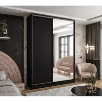 Caspian24 Moderner 2-türiger Kleiderschrank mit Schiebetüren in Schwarz 180x58x250 cm – mit Spiegel – für Schlafzimmer, Flur