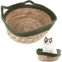 Vislone Handgewebtes, atmungsaktives, weiches Katzenbett aus Stroh – rundes, kratzfestes Katzennest für alle Jahreszeiten – grün und Strohkorb M