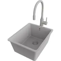 PrimaGran Unterbauspüle Granit Grau 36x44cm, Spülbecken 1 Becken + Küchenarmatur 38x14cm + Ablauf-Set, Granitspüle ab 40er Unterschrank - Venedig Easy