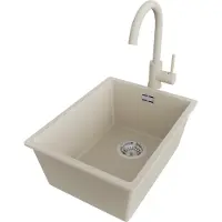 PrimaGran Unterbauspüle Granit Beige 36x47cm, Spülbecken 1 Becken + Küchenarmatur 32x20cm + Ablauf-Set, Granitspüle ab 40er Unterschrank - London