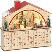 BundiGlassware Adventskalender zum Befüllen 24 Schubladen Fächer Weihnachtskalender mit LED-Lichtern Naturholz 36 x 10 x 34 cm