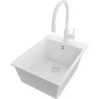 PrimaGran Granitspüle Alles Weiß 38x50cm, Spülbecken 1 Becken + Küchenarmatur 38x14cm + Ablauf-Set, Küchenspüle ab 40er Unterschrank - Riga