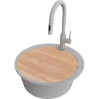 PrimaGran Granitspüle Grau 53x53cm, Spülbecken Rund 1 Becken + Küchenarmatur 40x20cm + Ablauf-Set + Schneidebrett, Küchenspüle ab 50er Unterschrank - Pisa Max