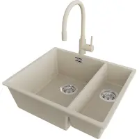 PrimaGran Unterbauspüle Granit Beige 56x47cm, Spülbecken 1,5 Becken + Küchenarmatur 38x14cm + Ablauf-Set, Granitspüle ab 60er Unterschrank - London Duo
