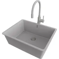 PrimaGran Granitspüle Grau 56x44cm, Spülbecken 1 Becken + Küchenarmatur 38x14cm + Ablauf-Set, Küchenspüle ab 60er Unterschrank - Venedig Slim Easy
