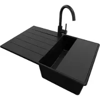 PrimaGran Granitspüle Alles Schwarz 78x50cm, Spülbecken 1 Becken + Ablauf-Set + Küchenzubehörset, Küchenspüle ab 45er Unterschrank - Kopenhagen