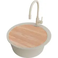 PrimaGran Granitspüle Beige 53x53cm, Spülbecken Rund 1 Becken + Küchenarmatur 38x14cm + Ablauf-Set + Schneidebrett, Küchenspüle ab 50er Unterschrank - Pisa Max