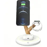 Slyrun 3-in-1 Induktive Ladestation 15W Schnellladegerät,Kabelloses Ladegerät mit LED Nachtlicht & Handyhalter,Holzoptik,Weiß