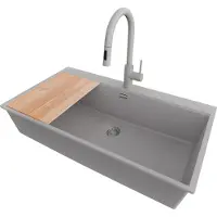 PrimaGran Granitspüle Grau 88x50cm, Spülbecken 1 Becken + Küchenarmatur 40x20cm + Ablauf-Set + Schneidebrett, Küchenspüle ab 90er Unterschrank - Oslo