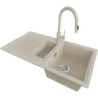 PrimaGran Granitspüle Beige 90x50cm, Spülbecken 1,5 Becken + Küchenarmatur 40x20cm + Ablauf-Set, Küchenspüle ab 60er Unterschrank - Kopenhagen Duo