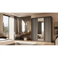 ALTDECOR Kleiderschrank mit Spiegel und Schiebetüren, kugelgelagerte Führungsschienen und Aluminium-Leisten, LED-Beleuchtung (weiß + 16 Farben) und Fernbedienung - LAMELO - 180 cm - Grau/Grau/Weiß