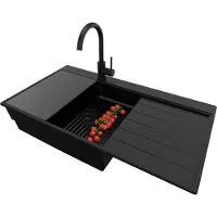 PrimaGran Granitspüle Alles Schwarz 90x50cm, Spülbecken 1 Becken + Ablauf-Set + Küchenzubehörset, Küchenspüle ab 60er Unterschrank - Sydney