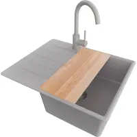 PrimaGran Granitspüle Grau 62x50cm, Spülbecken 1 Becken + Küchenarmatur 32x20cm + Ablauf-Set + Schneidebrett, Küchenspüle ab 45er Unterschrank - Kopenhagen