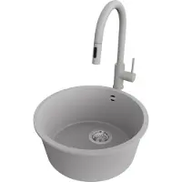 PrimaGran Unterbauspüle Granit Grau 46x46cm, Spülbecken 1 Becken + Küchenarmatur 40x20cm + Ablauf-Set, Granitspüle ab 50er Unterschrank - Valletta