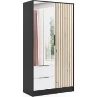 ALTDECOR Kleiderschrank NERA mit Spiegel und selbstschließenden Flügeltüren mit Lamel - 100 cm Schwarz / Weiß / Artisan