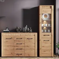 Lomadox Sideboard Vitrinen Set ARTA-131 in Artisan Eiche Nb., B/H/T: 213/200/40 cm