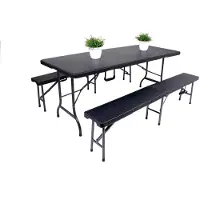 DELUKE Bierzeltgarnitur RITA 3-teilig Tisch & 2x Bank Schwarz Kunststoff | Buffettisch Gartengarnitur Klapptisch Klappbank Gartentisch