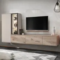 Lomadox Wohnzimmer Wohnwand 240 cm breit in Eiche mit Beige, inkl. Beleuchtung - CLINTON-164