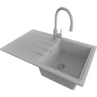 PrimaGran Granitspüle Grau 78x50cm, Spülbecken 1 Becken + Küchenarmatur 38x14cm + Ablauf-Set, Küchenspüle ab 45er Unterschrank - Mailand