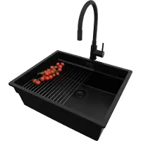 PrimaGran Unterbauspüle Granit Alles Schwarz 56x47cm, Spülbecken 1 Becken + Ablauf-Set + Küchenzubehörset, Granitspüle ab 60er Unterschrank - Praga