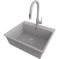 PrimaGran Granitspüle Grau 58x50cm, Spülbecken 1 Becken + Küchenarmatur 40x20cm + Ablauf-Set, Küchenspüle ab 60er Unterschrank - Riga
