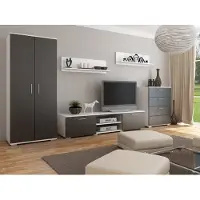 Per la vita Wohnwand California 2 Weiß - Schwarz Modern Kleiderschrank, Wohnzimmerschrank mit Fernsehtisch, Sideboard und Wohnzimmer