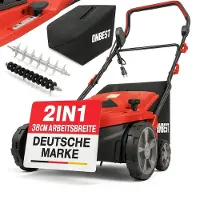 ONBEST Vertikutierer Elektro S1838 | 2in1 Rasenlüfter | 38 cm Arbeitsbreite | 1800 W | 24 Federkrallen | 16 Doppelmesser