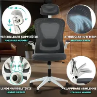 Sesto Senso Bürostuhl Ergonomisch mit Lendenwirbelstütze und klappbaren Armlehnen Chefsessel Verstellbarer Kopfstütze D-1 Grey